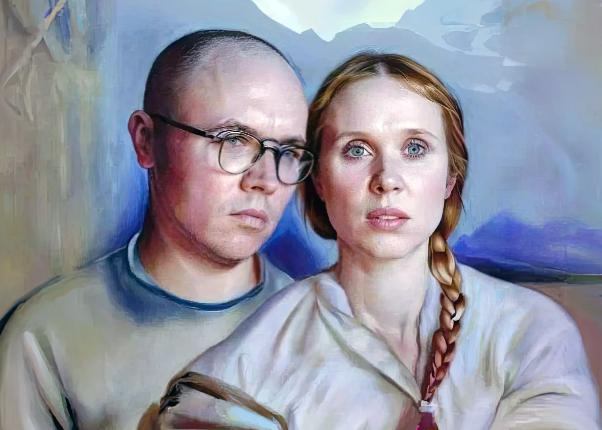 An illustrated portrait of Mathew Dryhurst and Holly Herndon.