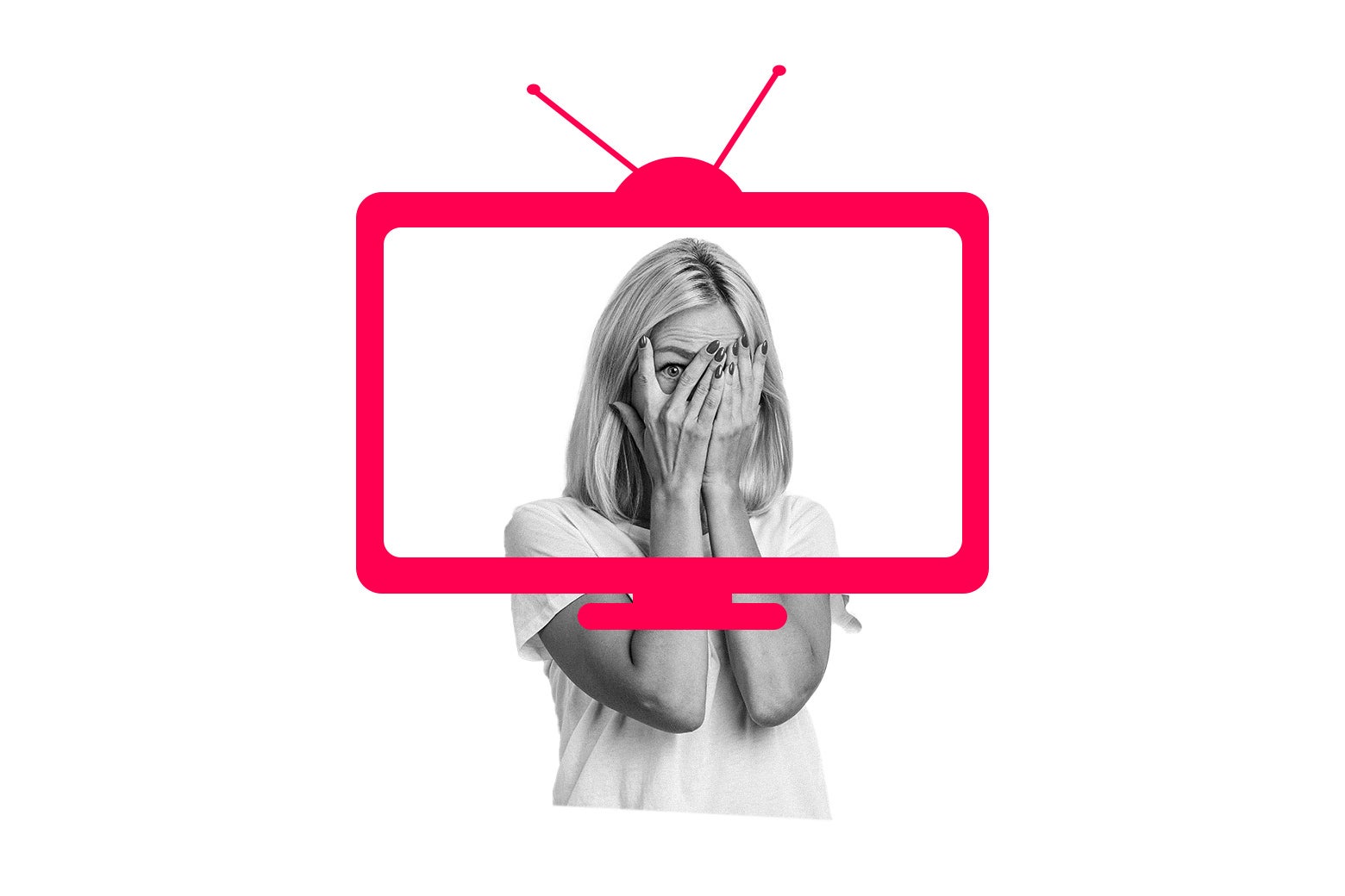 Woman hiding her face while standing behind a TV.