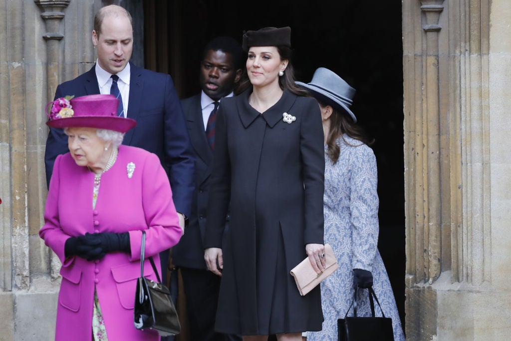 Queen Elizabeth, Prince William, and Kate Middleton after Easter church service.