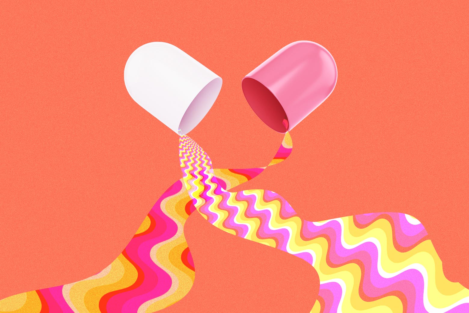 A capsule split open with multicolored psychedelic rivers spilling out of the two halves