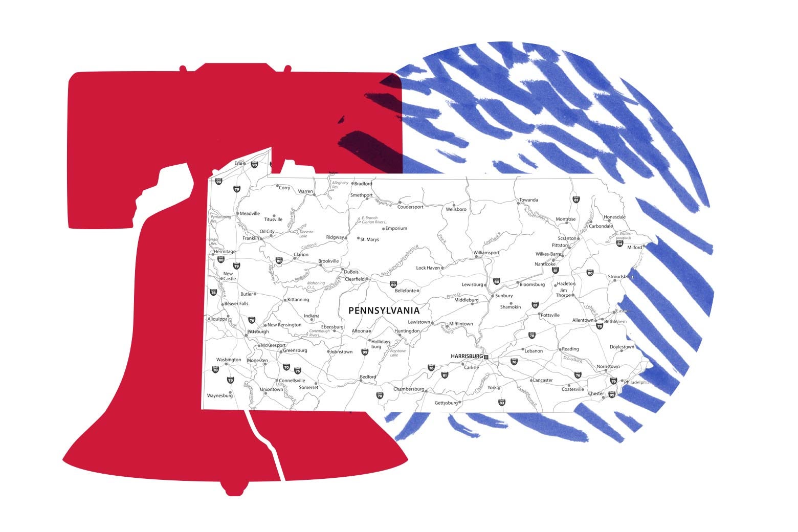 A map of Pennsylvania and a Liberty Bell.