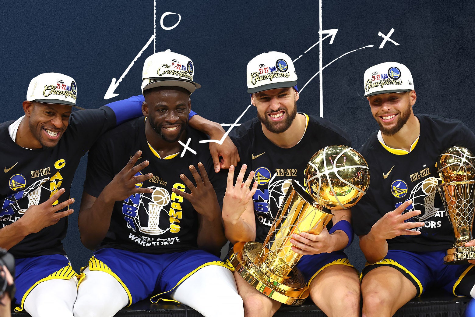 Andre Iguodala, Draymond Green, Klay Thompson, and Steph Curry seated and all holding up four fingers to celebrate their fourth NBA title, smiling and wearing their championship caps and T-shirts, Klay holding the Larry O'Brien trophy and Steph holding his Finals MVP trophy, with an X-es, Os, and arrows basketball play illustrated behind them