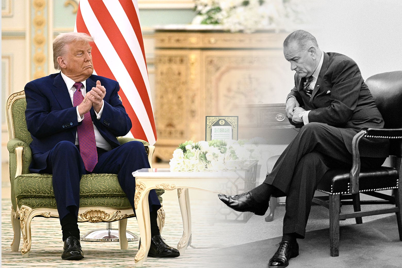Trump and LBJ sitting together, as if in conversation.