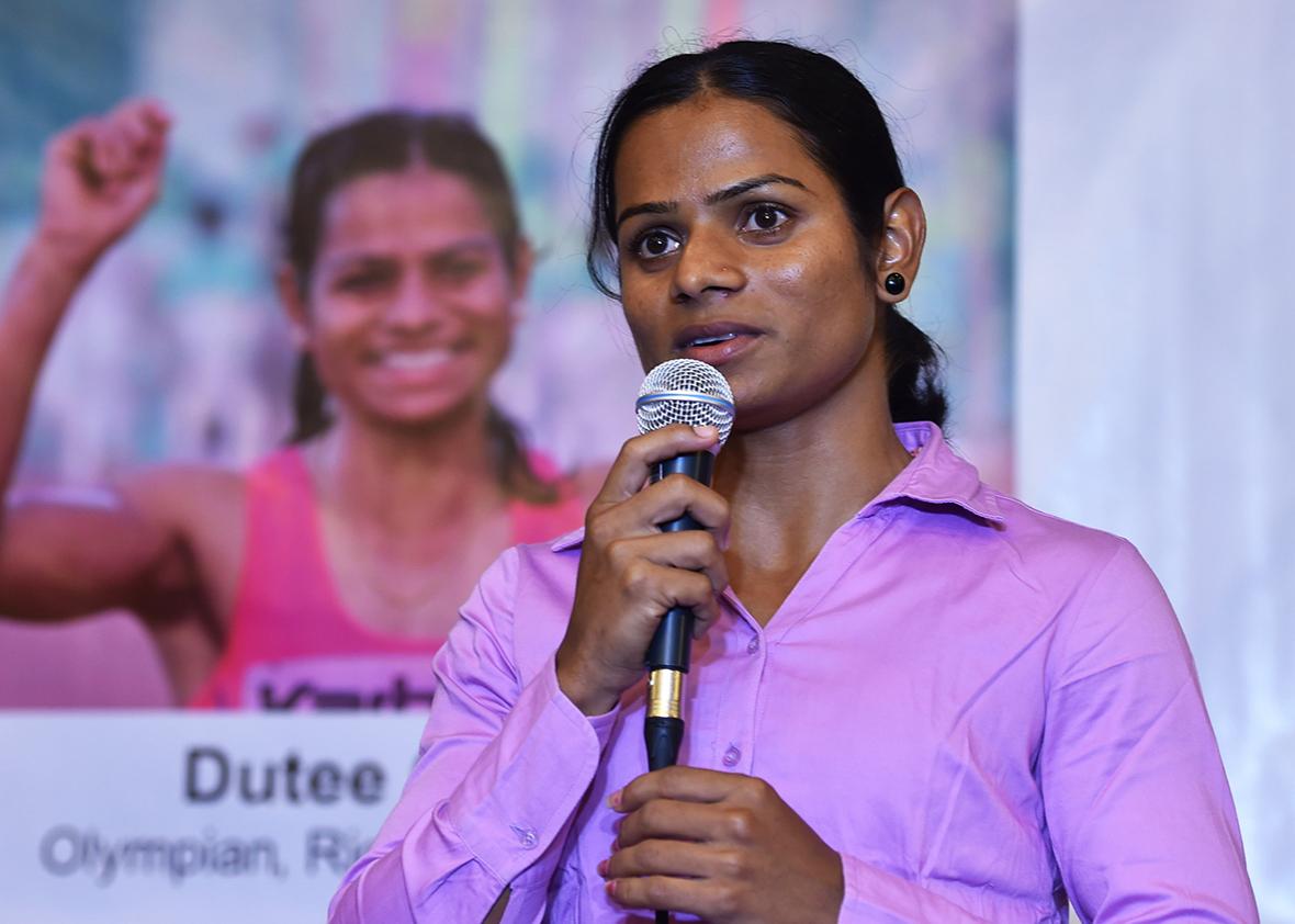 Indian sprinter Dutee Chand, who has qualified for the Women's 100 meters event at the Summer Olympic Games, addresses a press conference in Bangalore on July 9, 2016.