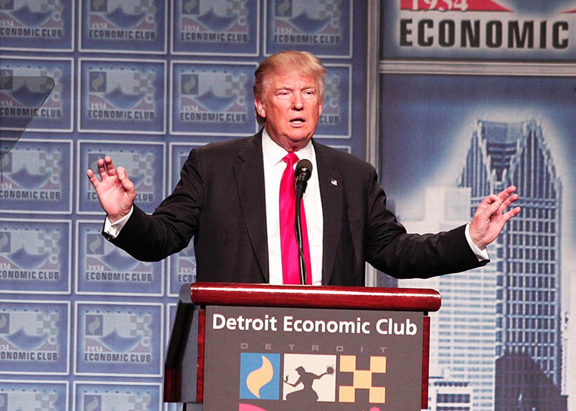 Republican presidential candidate Donald Trump delivers an economic policy address detailing his economic plan at the Detroit Economic Club August 8, 2016 in Detroit Michigan. 
