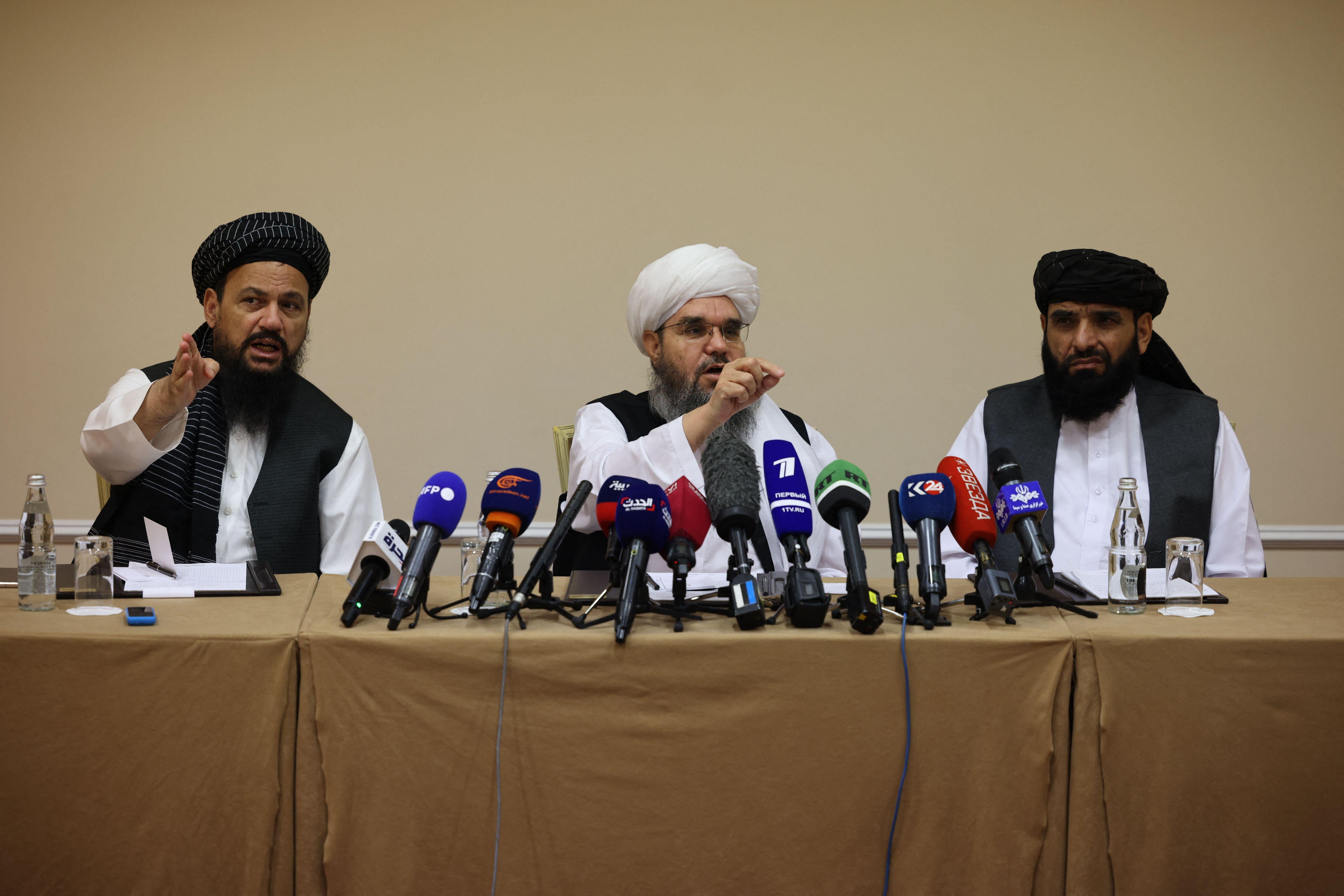 Taliban representatives giving a press conference in Moscow .