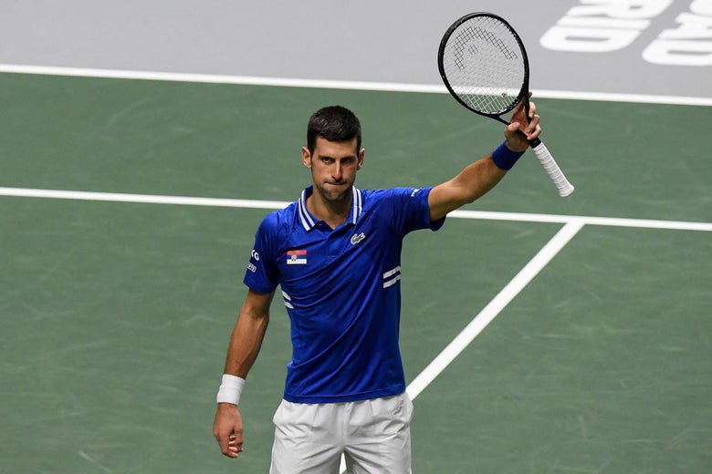 Serbia's Novak Djokovic celebrates at the end of his men's singles semi-final tennis match between Croatia and Serbia of the Davis Cup tennis tournament at the Madrid arena in Madrid on December 3, 2021. 