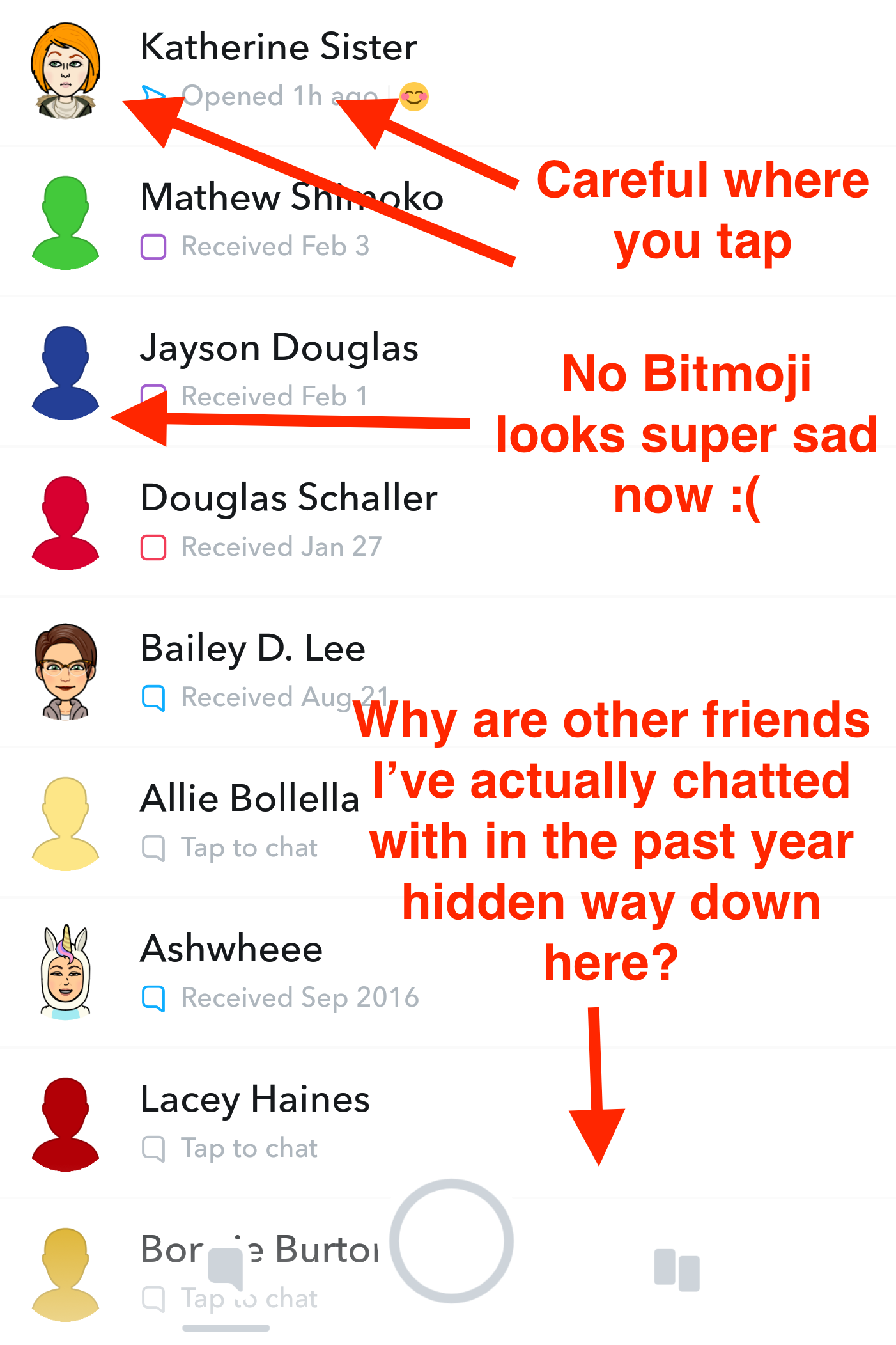 A screenshot of Snapchat's friends interface.