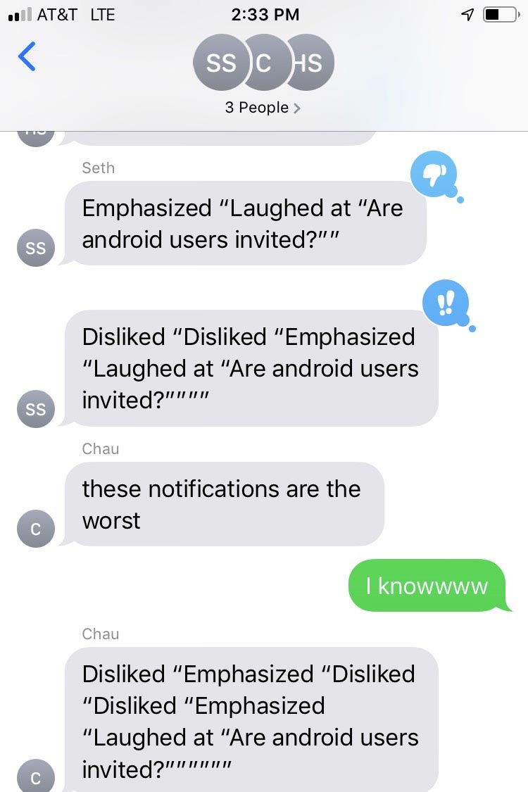 A text conversation using many reaction emoji.