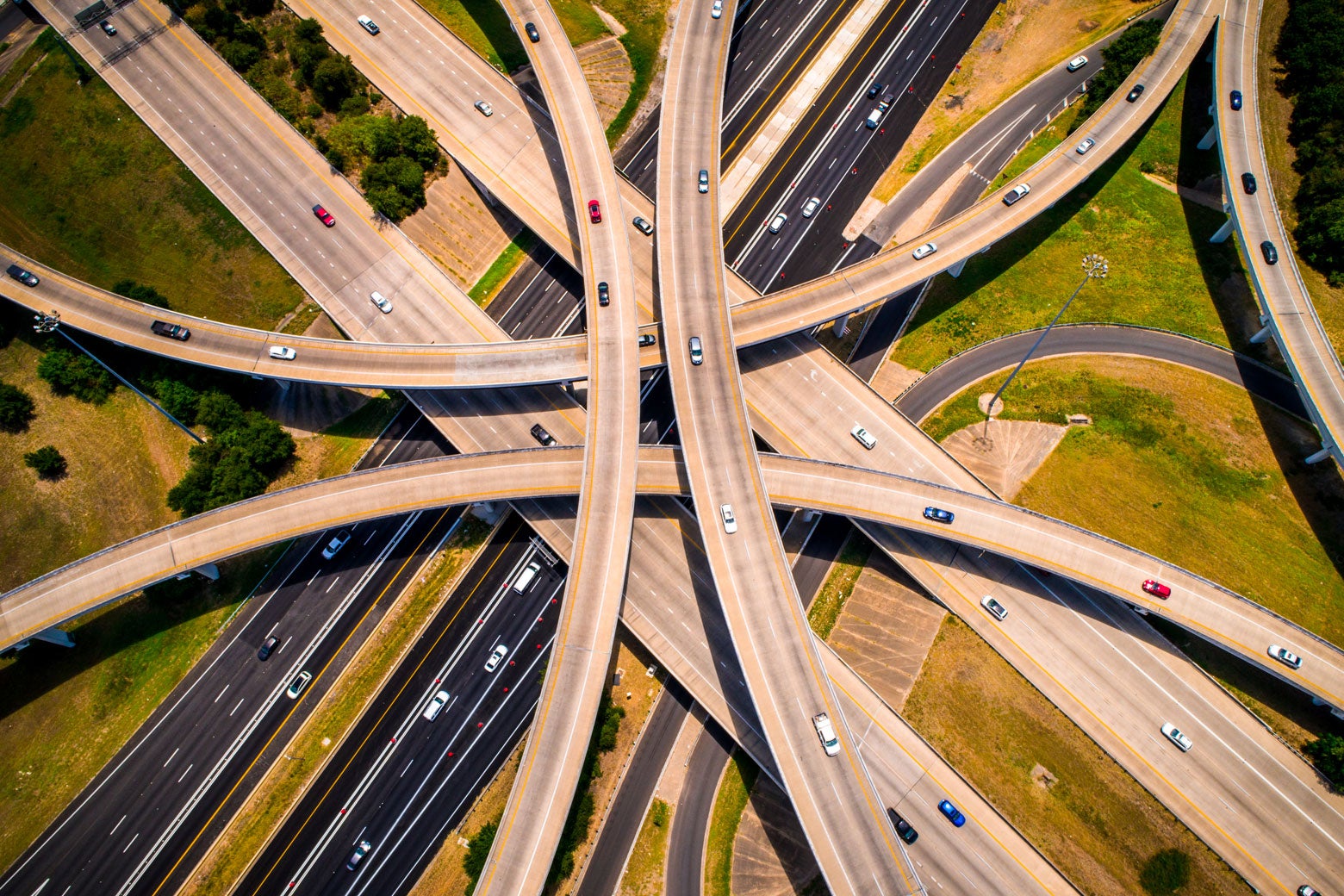 Aerial view of a massive highway intersection.