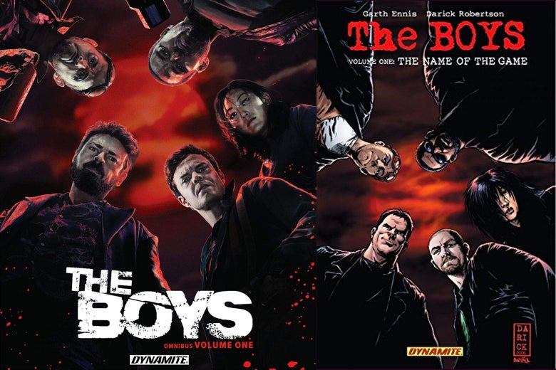 Promo image of The Boys for Amazon and a cover of The Boys, the comic.