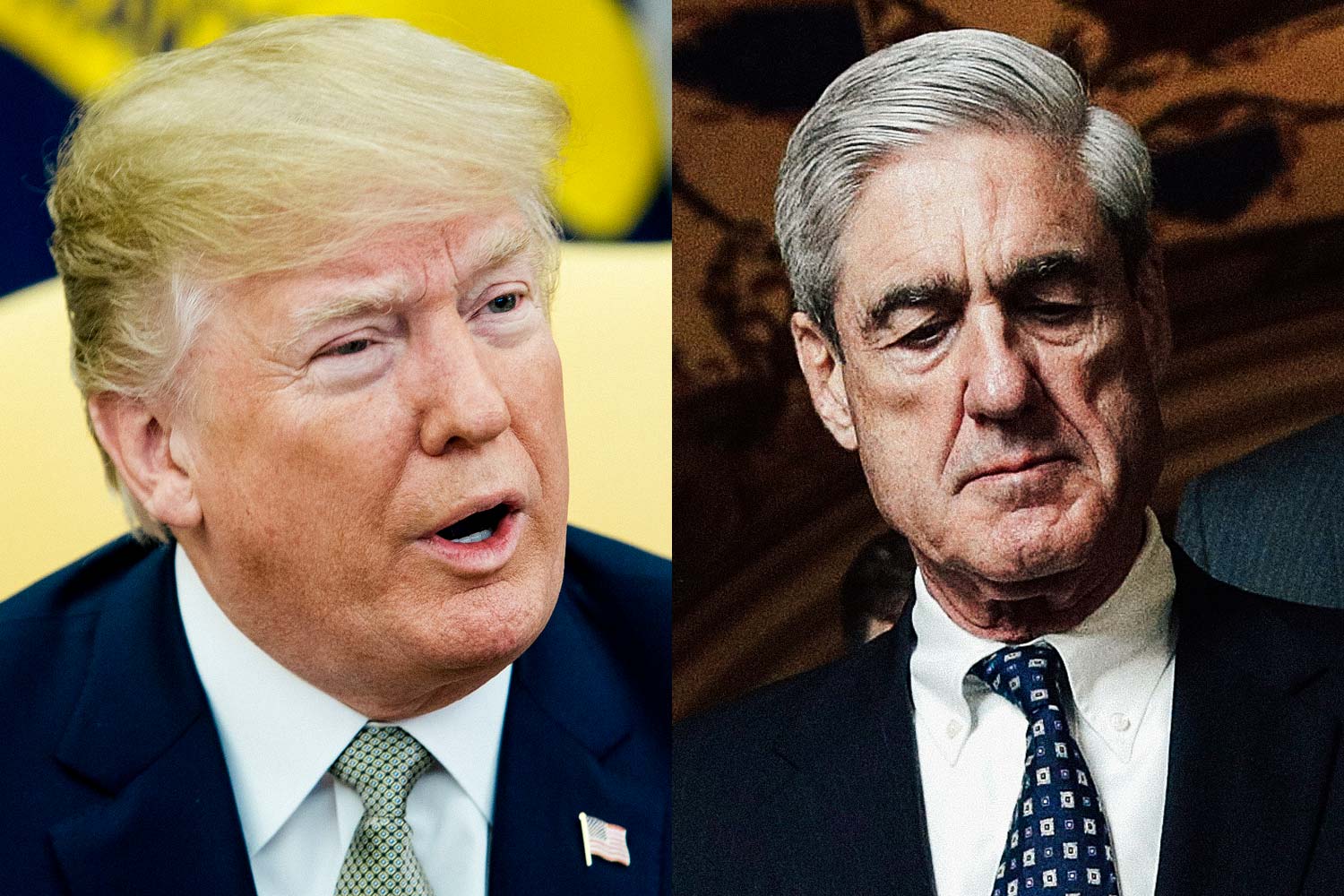 Photo illustration: side-by-side of President Donald Trump and special counsel Robert Mueller.