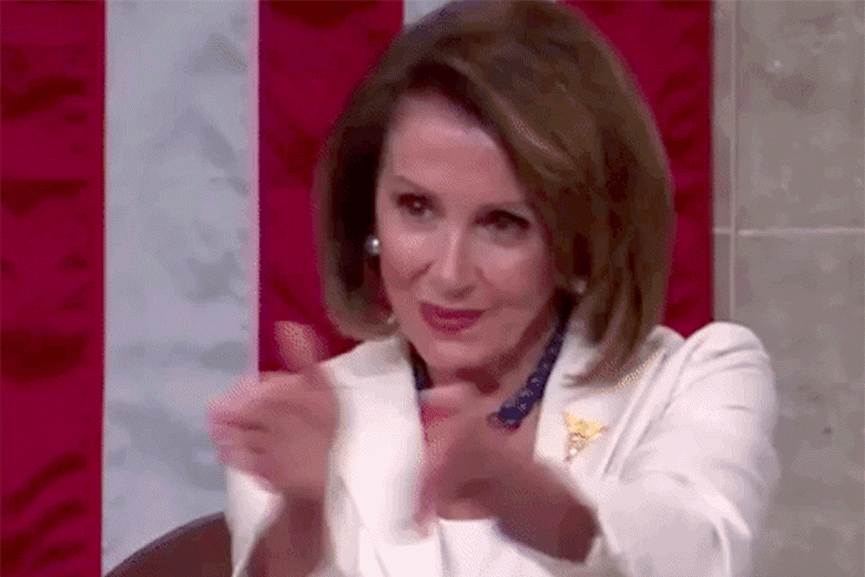Nancy Pelosi clapping iconically.