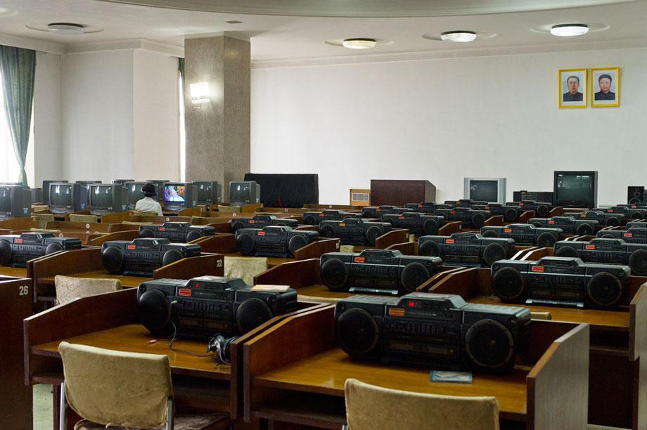Cultural education room with TV's and Boomboxes at Grand People's Study House, North Koreas biggest library and educational centre.