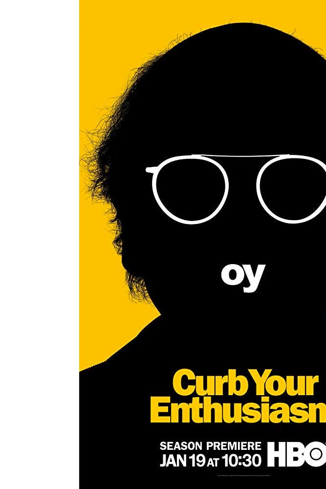 A scraggle-haired black silhouette of a man against a yellow background. "Curb Your Enthusiasm: Season Premiere Jan 19 at 10:30, HBO."