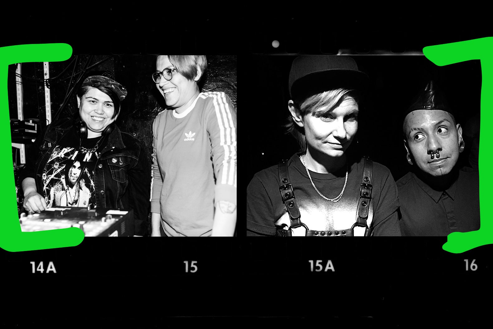 Sunday Service DJs and a "leatherdyke" couple.