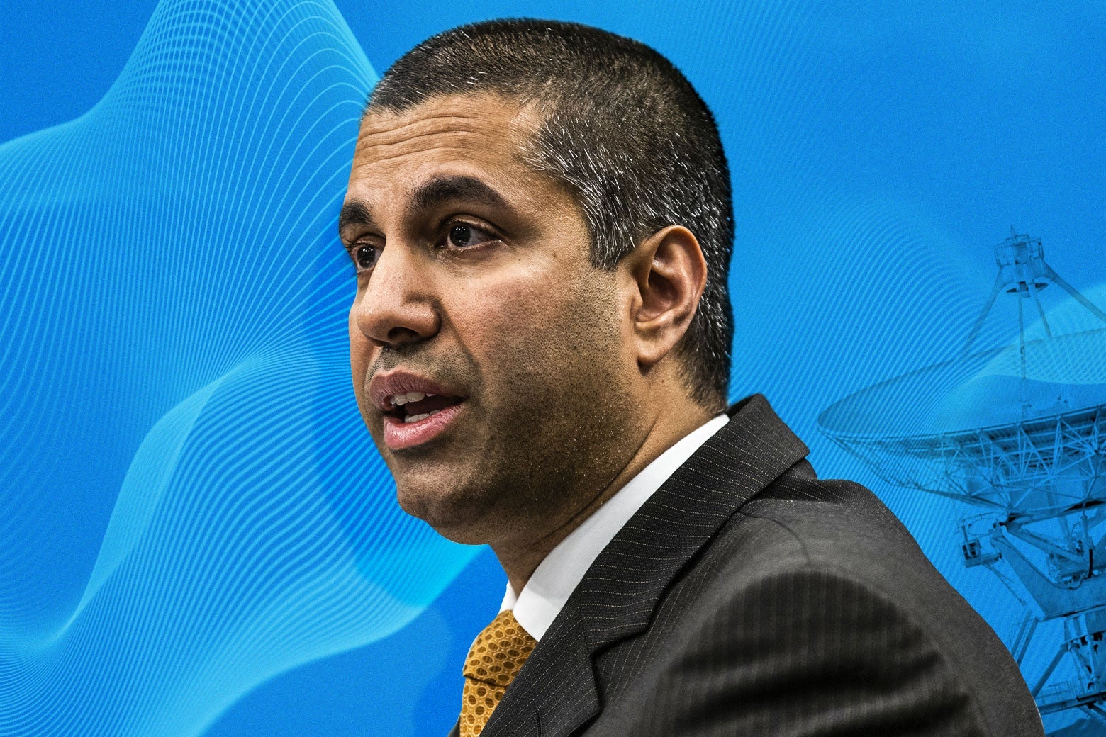 Photo illustration of FCC Chairman Ajit Pai against a background of a satellite and illustrated spectrum.