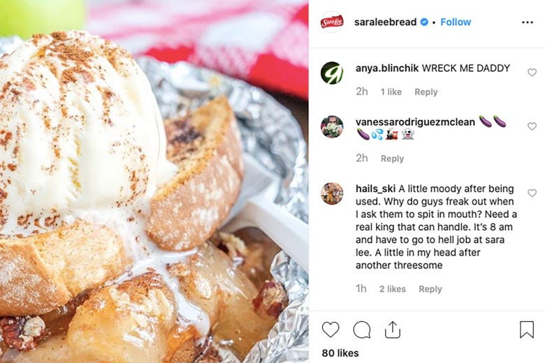 A screenshot from an official Sara Lee Instagram post of a photo of what appears to be french toast. Users have left comments like "WRECK ME DADDY" in imitation of the SNL sketch.