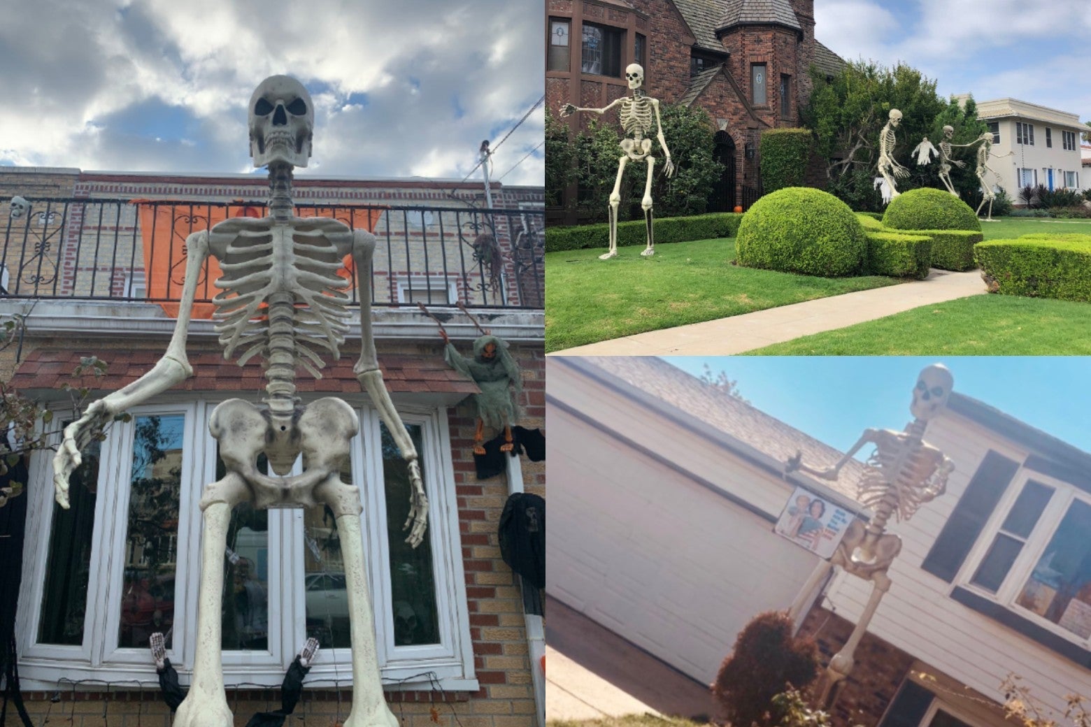 The giant skeleton towering over a house, with several clones and shrubbery on a front lawn, and standing in front of a different house. 