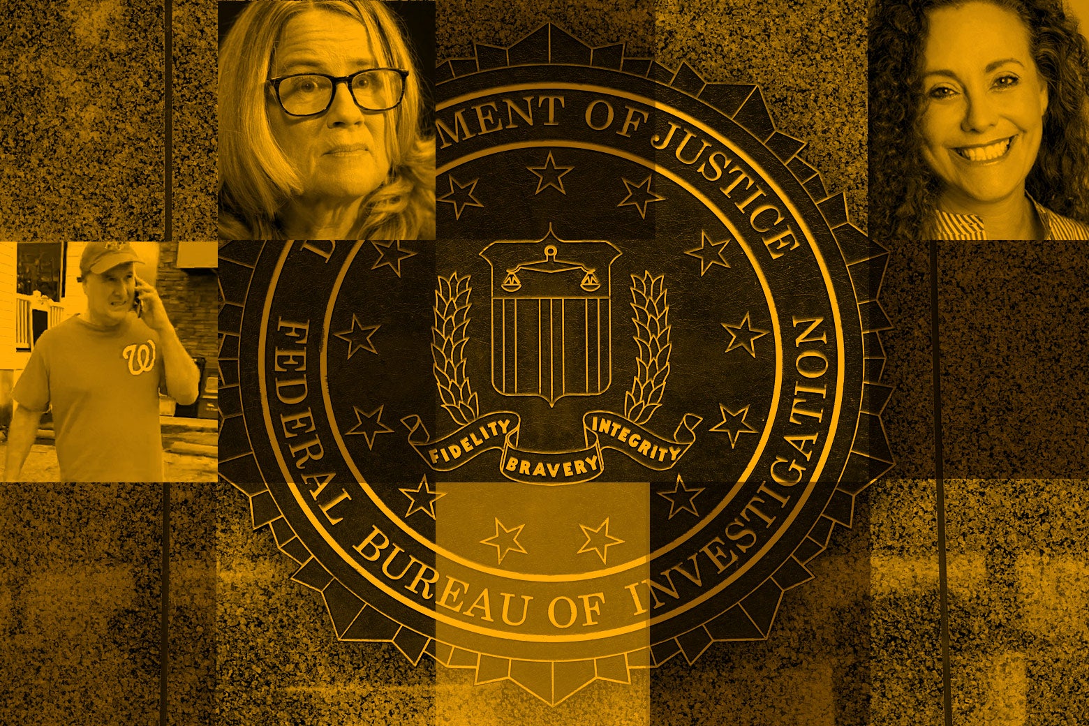 Head shots of the Christine Blasey Ford, Julie Swetnick, Deborah Ramirez, and Mark Judge around the FBI seal.