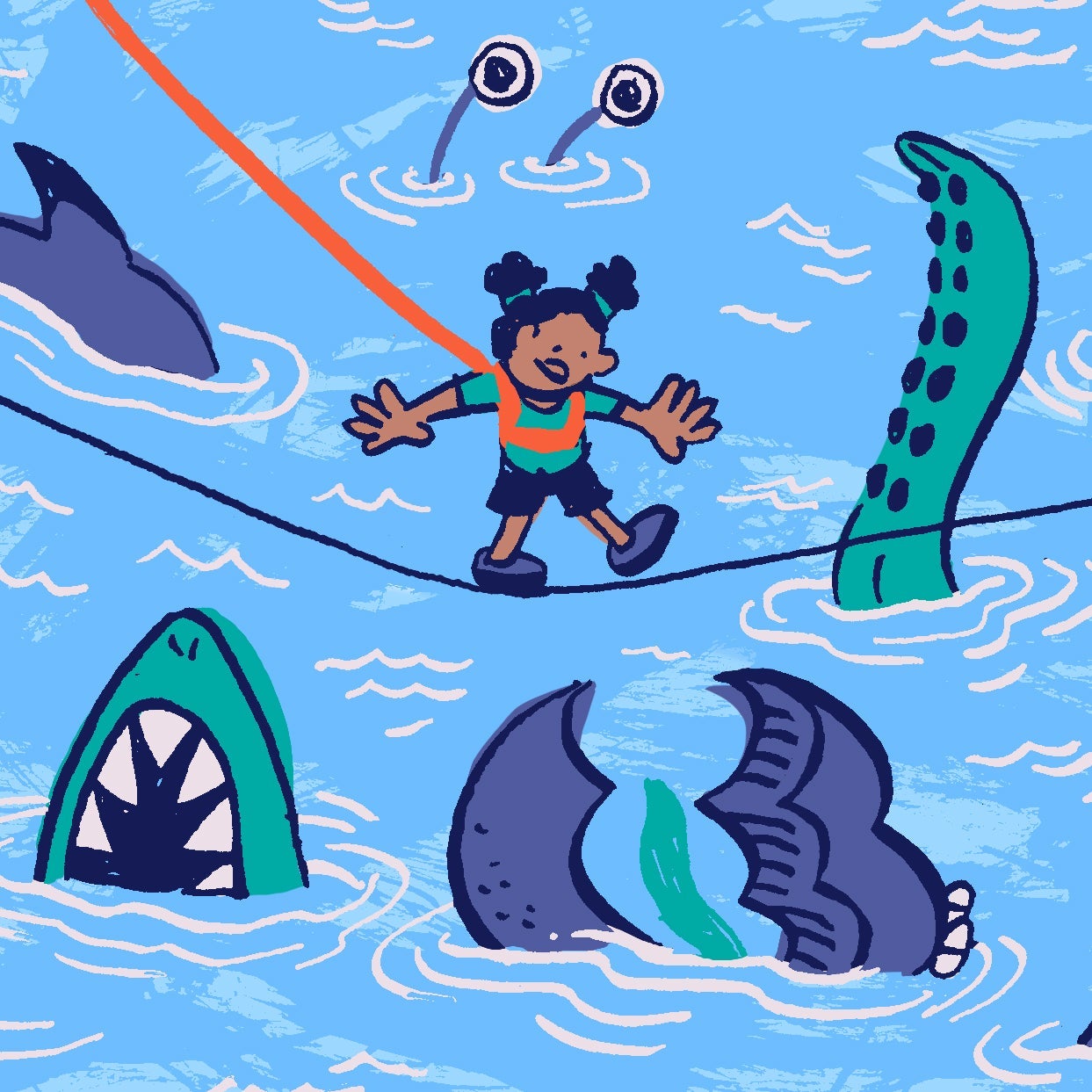 Toddler on a leash walking over a tightrope suspended over magical creatures.
