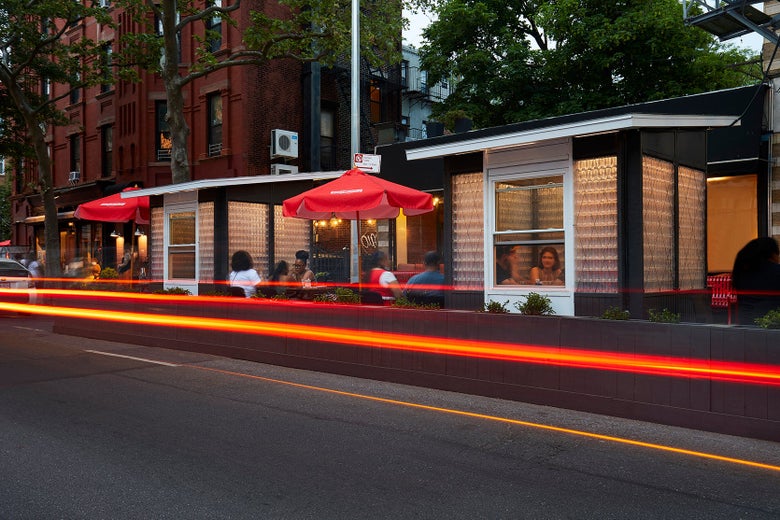 The curbside dining shed at Bed-Stuy's Peaches uses reclaimed plastic bottles.