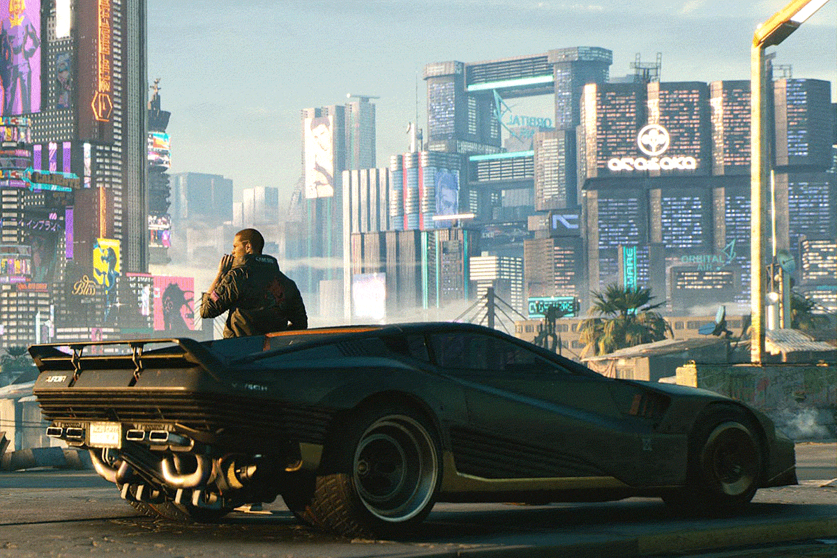 A still from Cyberpunk 2077 with a character glitching next to his car.