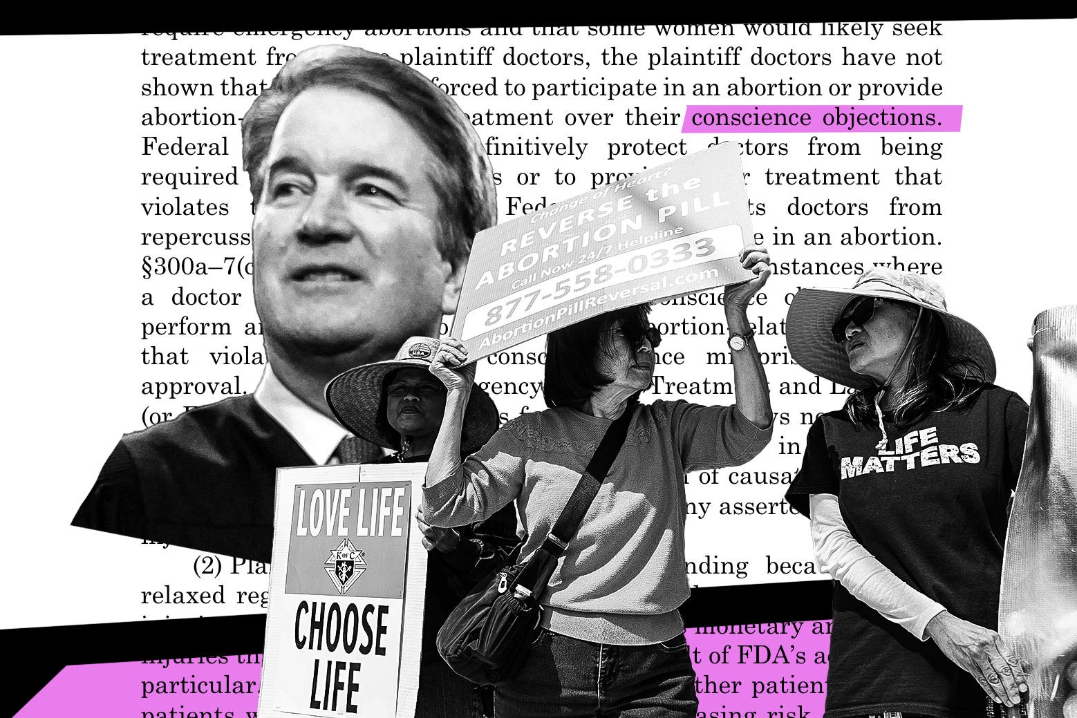 Brett Kavanaugh and anti-abortion protesters in a collage with text from the decision.