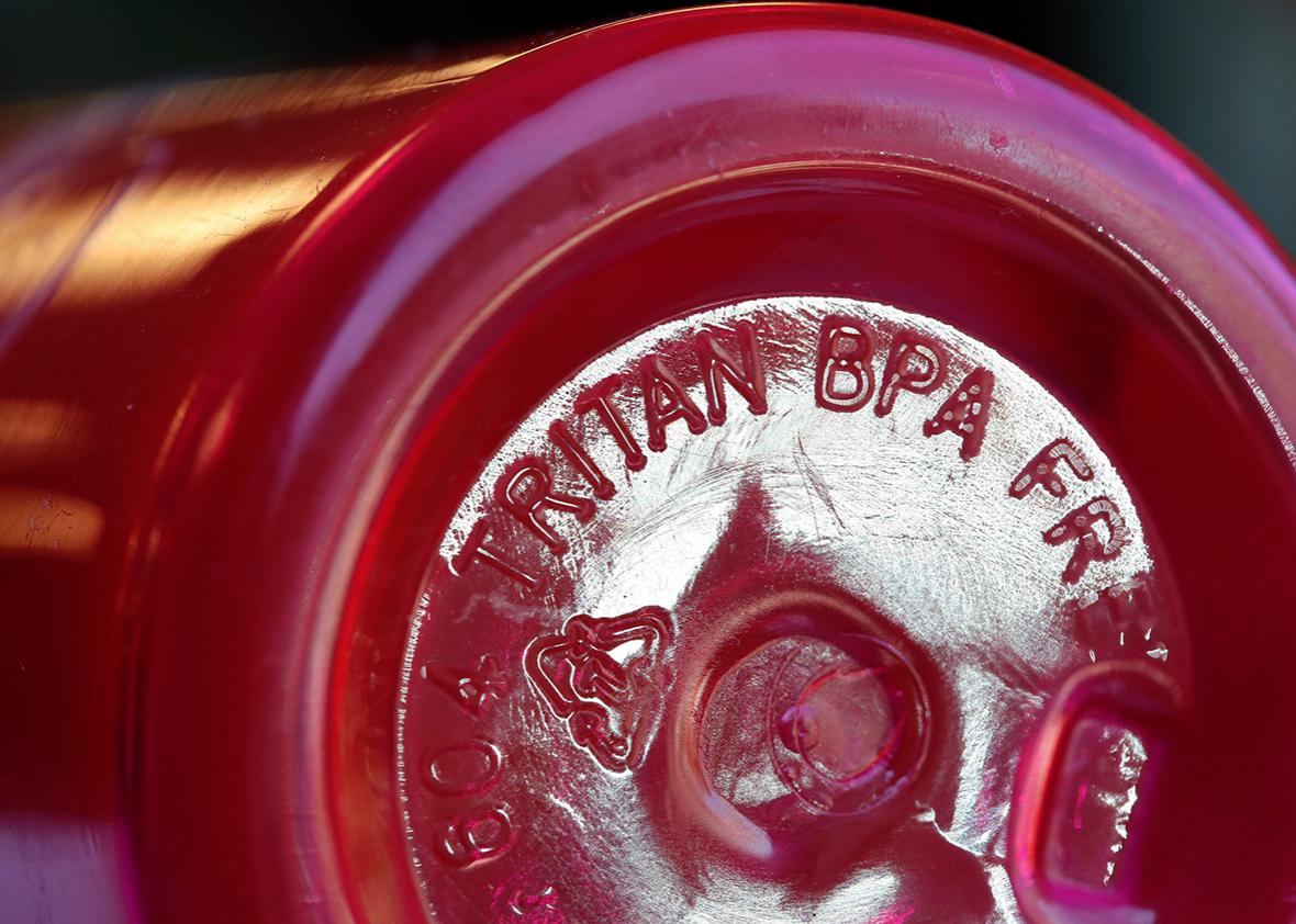 The bottom of a BPA-free Tritan water bottle is pictured in Toronto, Ontario July 13, 2013.