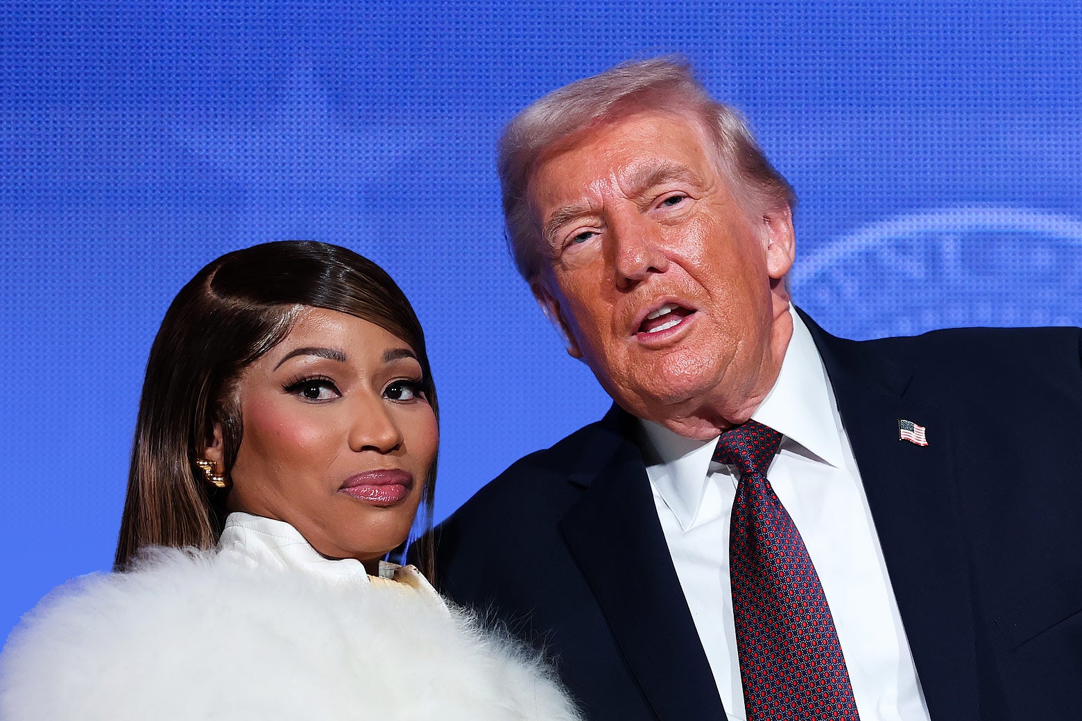 Nicki Minaj and Donald Trump against a blue background.