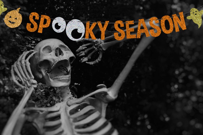 A black and white photo of skeleton whose mouth is open as if to yell, and above him, a banner with the words "Spooky Season" written in orange.