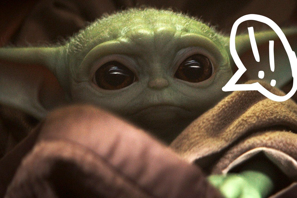 Baby Yoda with a speech bubble next to his mouth.