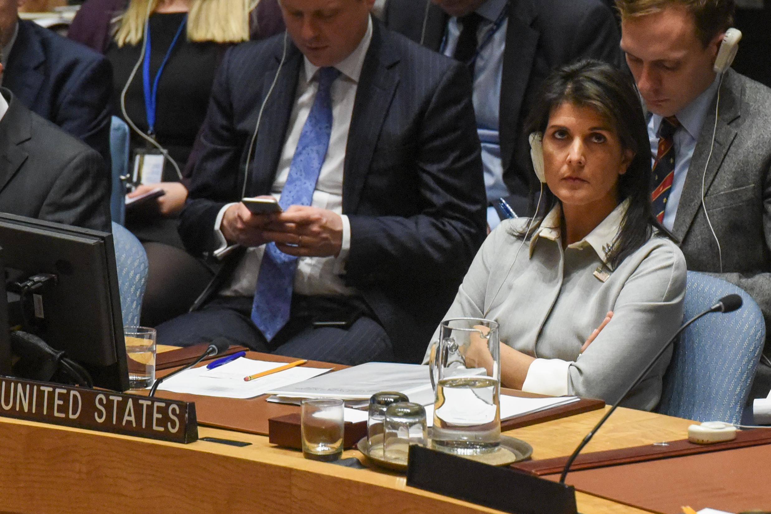 U.S. Ambassador to the United Nations Nikki Haley listens to a speech during a United Nations Security Council meeting on the situation in Palestine at the United Nations headquarters on December 8, 2017 in New York City. Deadly clashes broke out in Jerusalem and the West Bank after US President Donald Trump's decision to recognize Jerusalem as the capital of Israel.