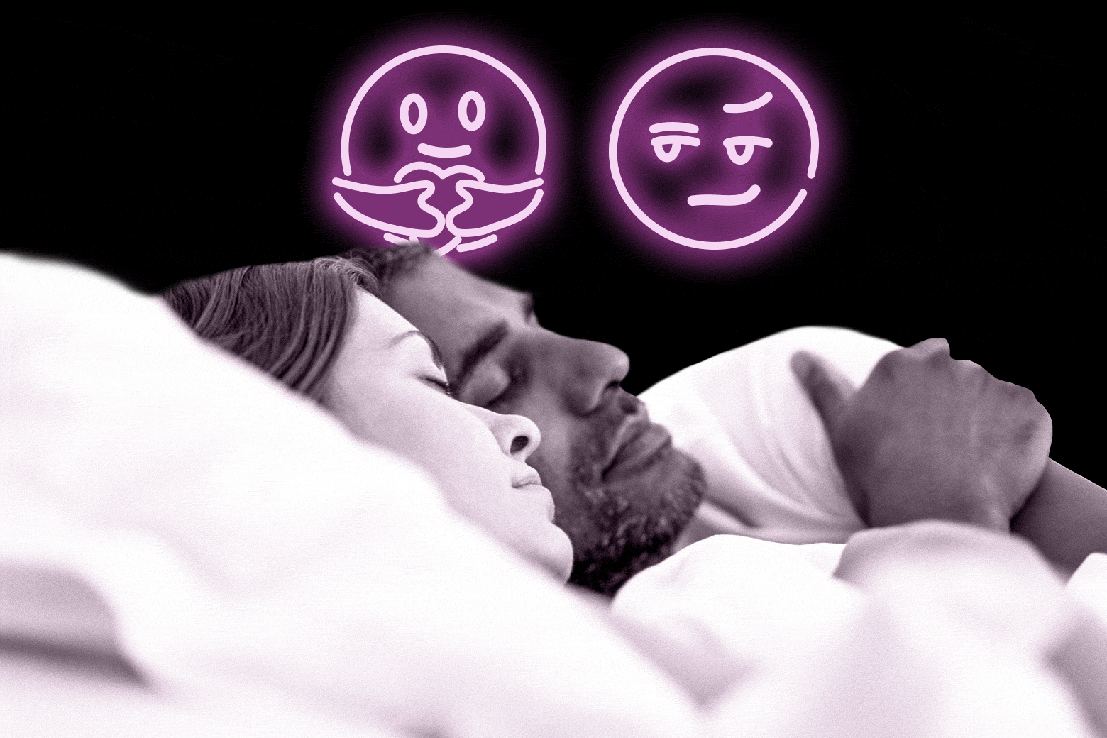A couple cuddling in bed with two neon emojis--huggy and horny--floating above them.