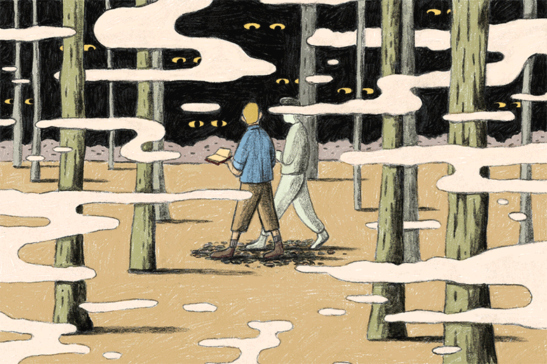 GIF: In a rendition of the author's dream, the author and his deceased friend walk through a foggy wood as disembodied eyes peer at them through the darkness.