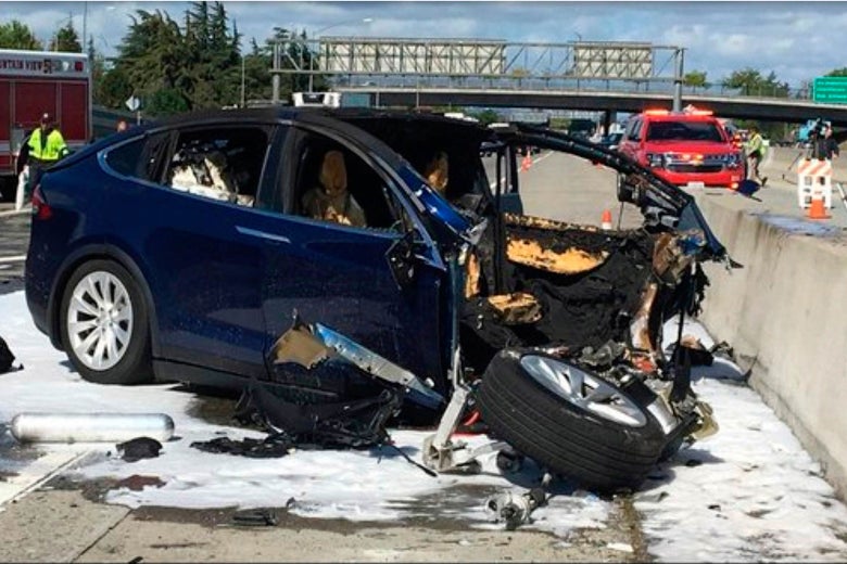 A Tesla electric SUV that crashed while using Autopilot.