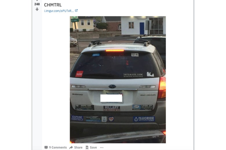 Screenshot of an image with the pro-chemtrails license plate blanked out, but described via text.