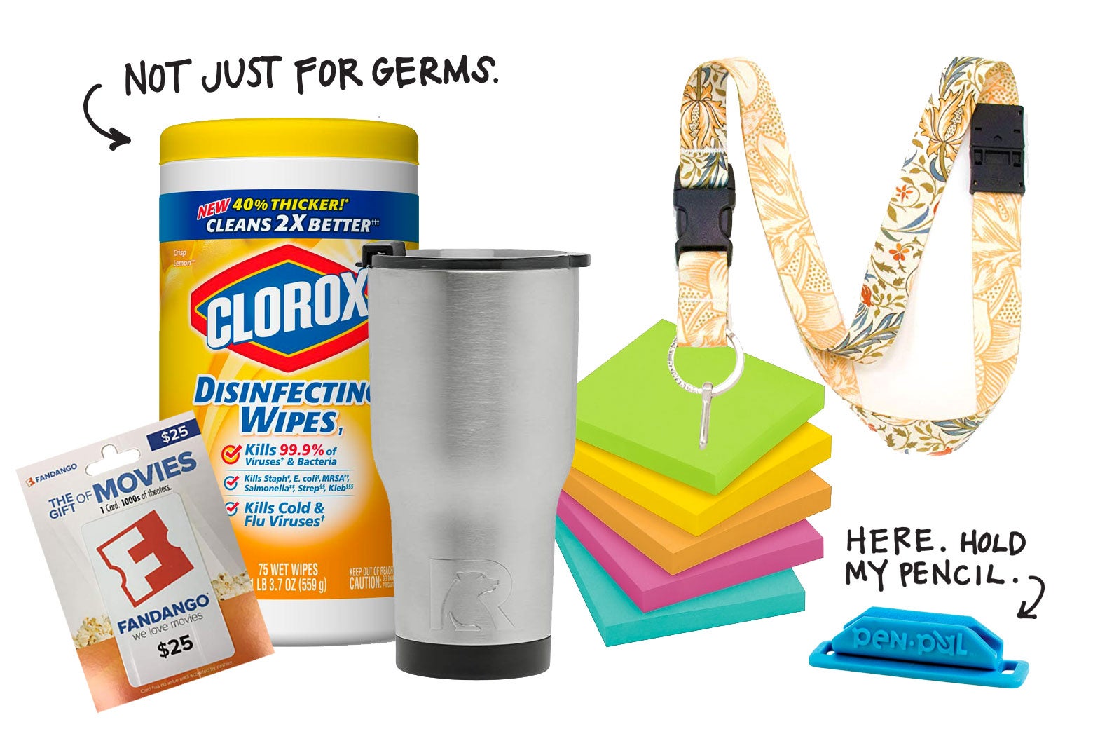 Clorox wipes, a gift card to Fandango, a stainless tumbler, Post-It Notes, a lanyard, and a pencil grip.