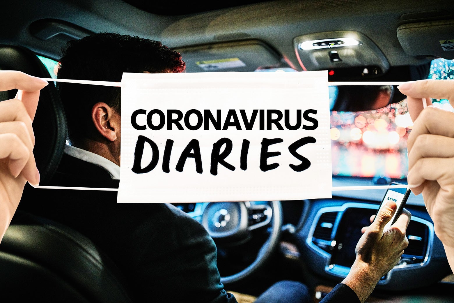 A driver looking at his phone in a car, overlaid with a mask that says "Coronavirus Diaries."