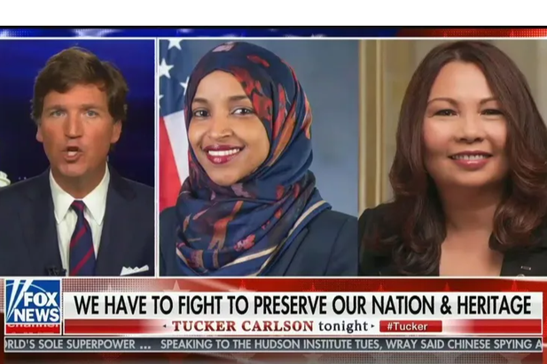 Screen grab of Tucker Carlson on Fox News talking about Ilhan Omar and Tammy Duckworth