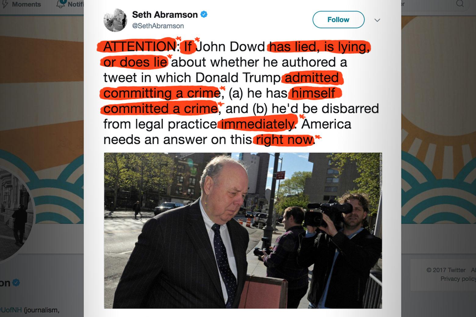 Seth Abramson's John Dowd tweet, annotated.
