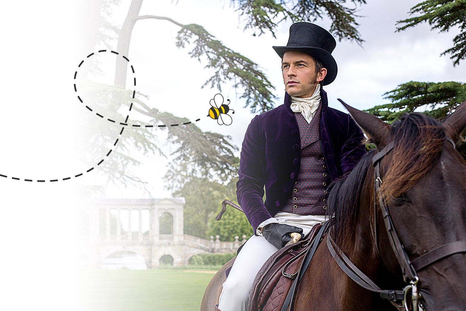 Jonathan Bailey as Anthony Bridgerton sits on a horse. A cartoon bee flies toward him.