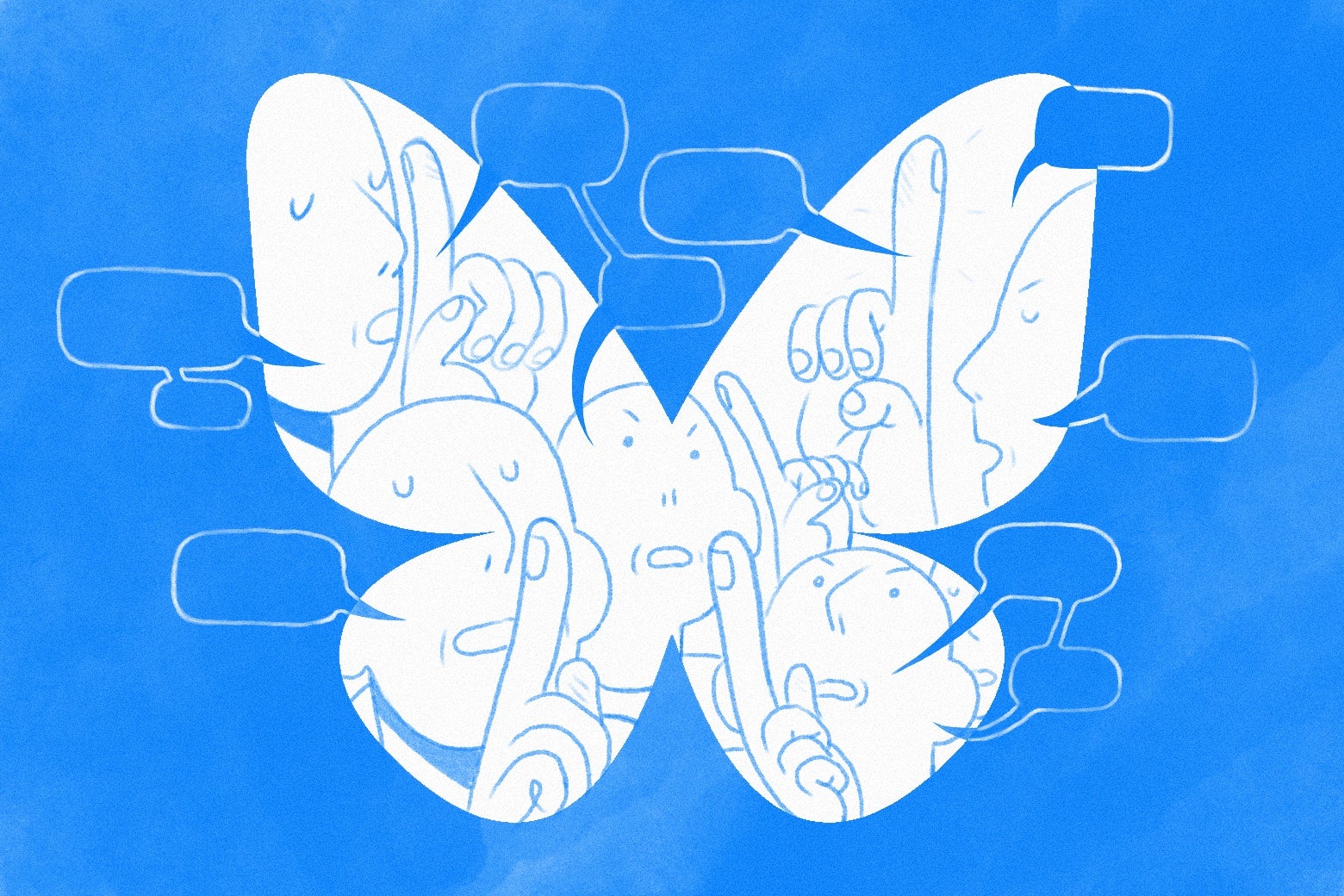 The Bluesky logo, made up of illustrations of a bunch of people scolding each other.