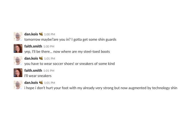 A Slack conversation between Faith and Dan.