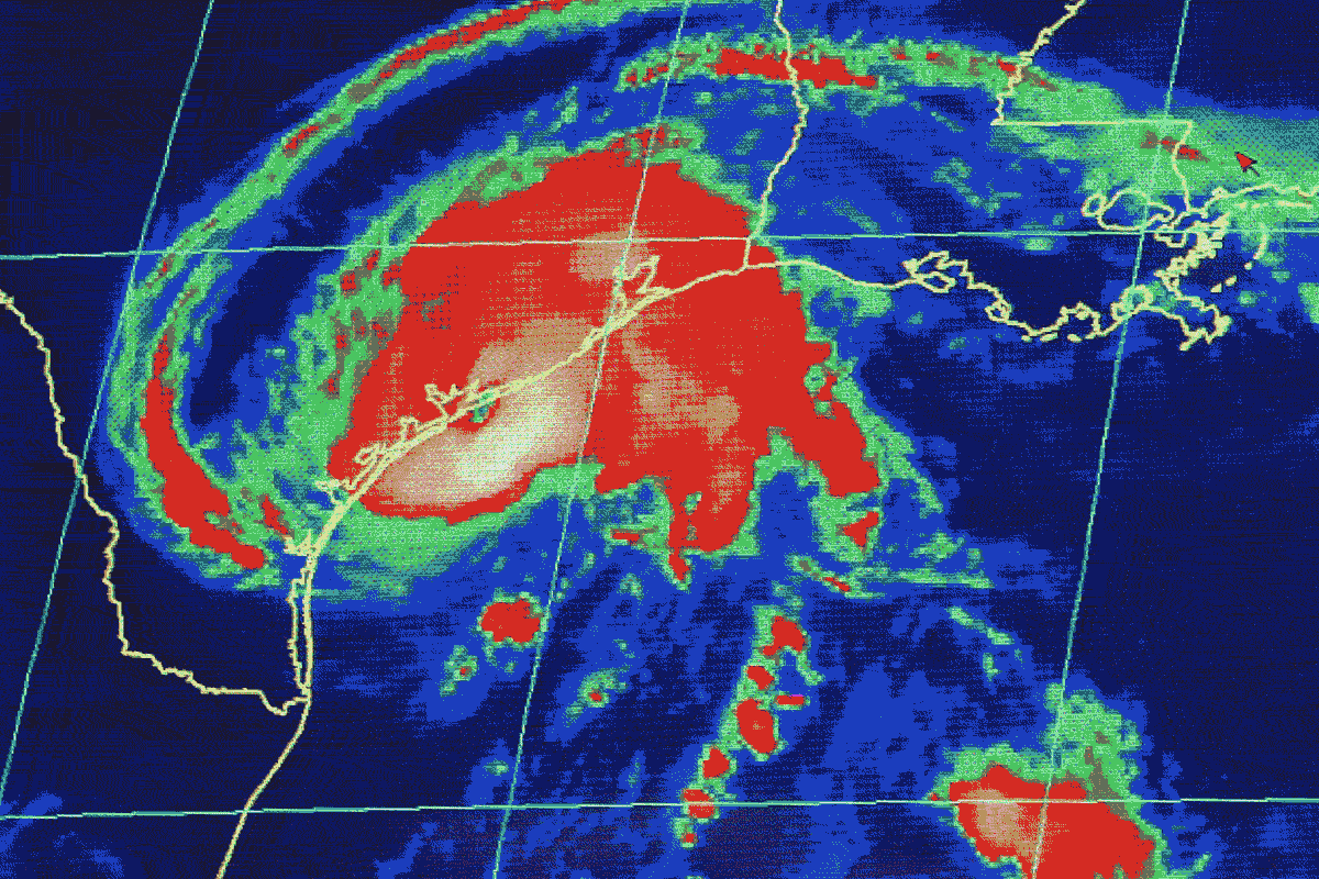 A hurricane shown on a weather radar that is glitching.