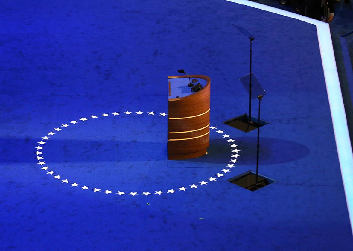 The podium stands empty on stage during preparations for the Democratic National Convention at Time Warner Cable Arena on September 3, 2012 in Charlotte, North Carolina.