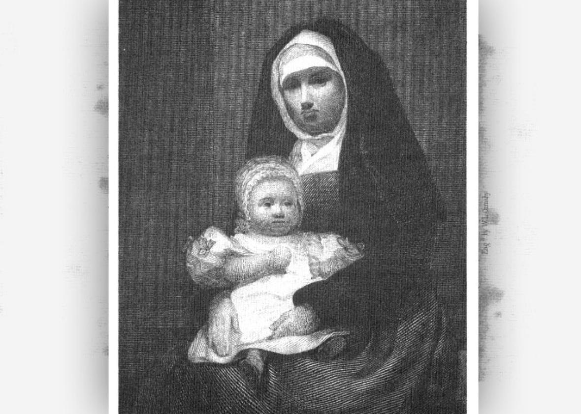Maria Monk holding her infant and demanding of her reading public: "Bring me before a court...."