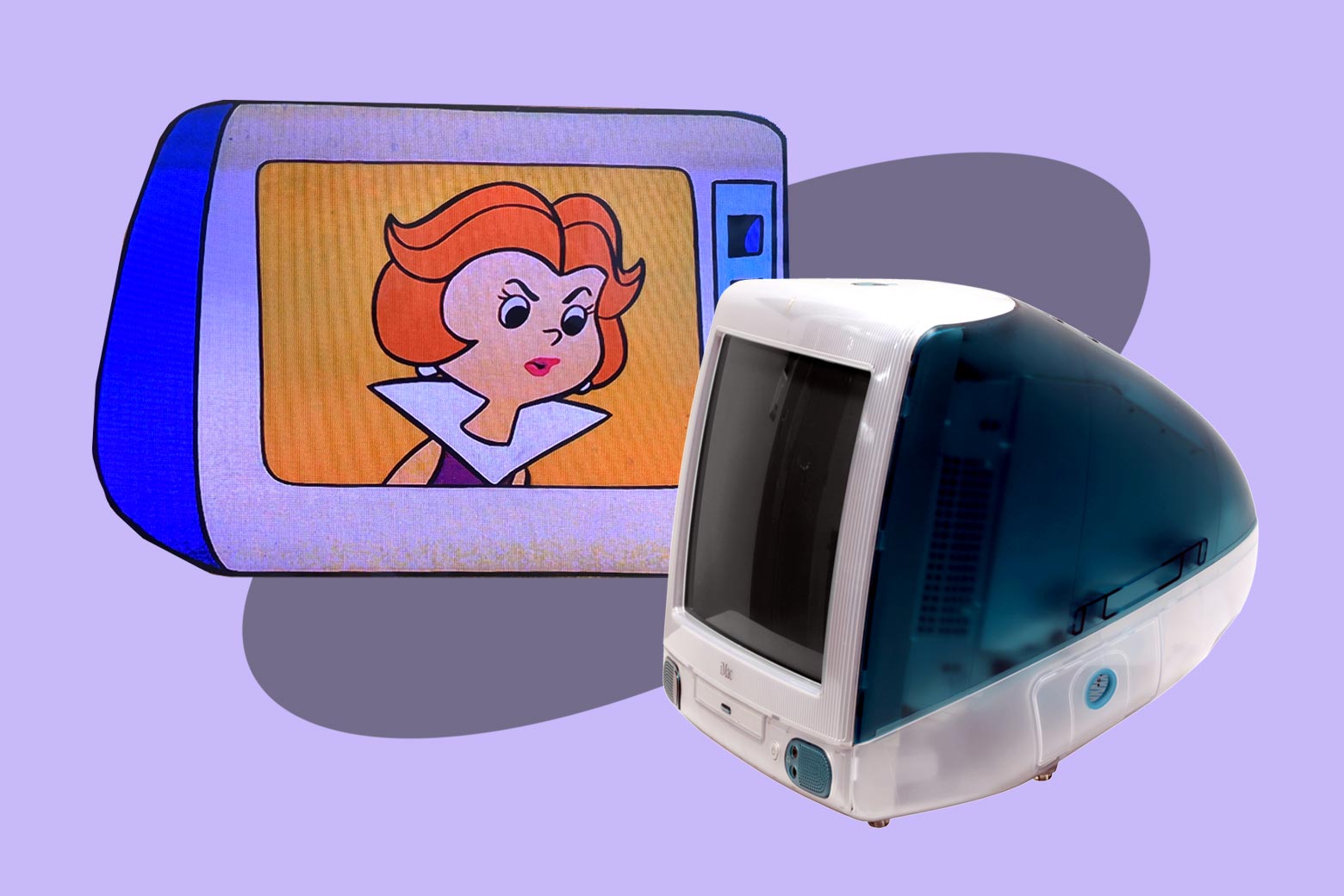Jane Jetson on a monitor and an original Apple iMac monitor in Bondi Blue.