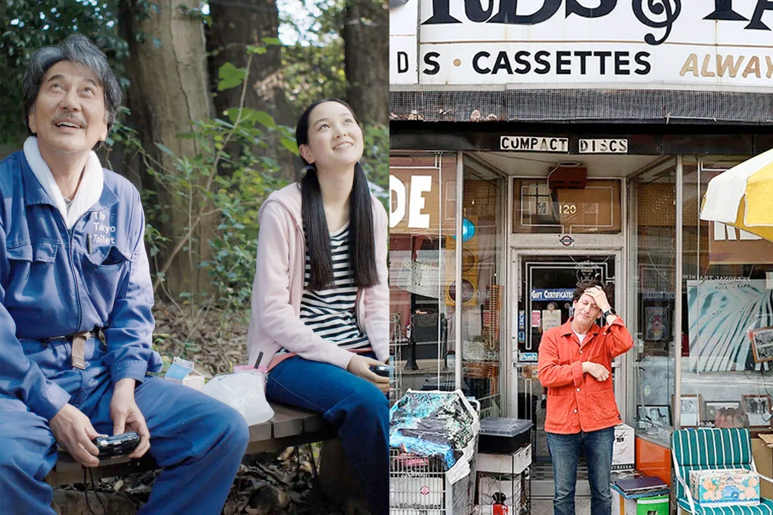 On the left, a Japanese man with graying hair in a blue worksuit marked The Tokyo Toilet sits beside a young woman in a pink cardigan and jeans. In his hands is an old film camera, while in hers appears to be an iPhone. On the right, a white man in a red workshirt stands in front of an old music store, running his hand through his long brown hair and looking kind of stressed. 