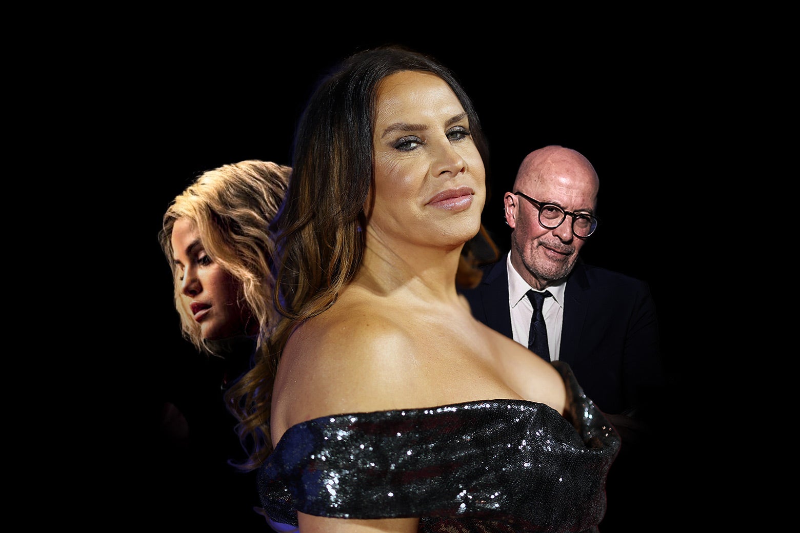 Illustration with Karla Sofía Gascón, Selena Gomez's Emilia Perez character, and director Jacques Audiard.
